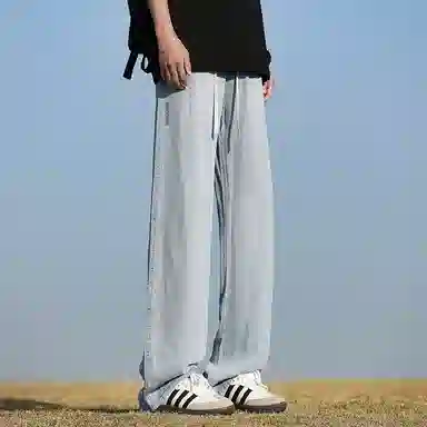 洋气先生 美式高街复古纯色水洗做旧宽松休闲直筒松紧腰抽绳系带透气中腰基础款显瘦垂感简约百搭舒适潮流显高阔腿牛仔裤 男女同款