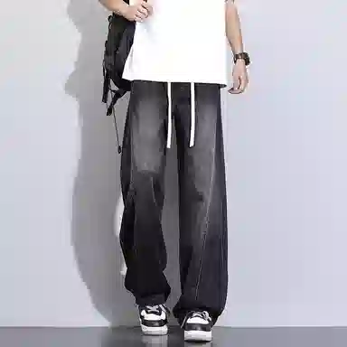 洋气先生 美式休闲潮流裁接线贯穿设计感显高显瘦显腿长系带抽绳宽松弹力柔软亲肤百搭废土风高级感日常出行垂感牛仔裤 男女同款