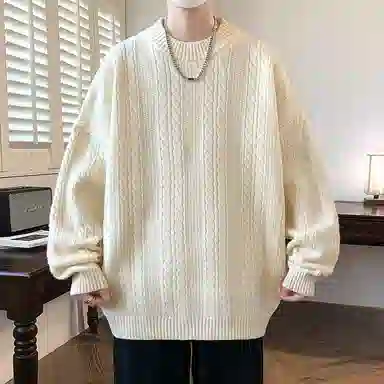 洋气先生 美式高街潮牌无性别主义纯色潮流慵懒感卫衣麻花纹理感日常外穿通勤户外微阔圆领套头长袖简约休闲时尚百搭针织衫 男女同款