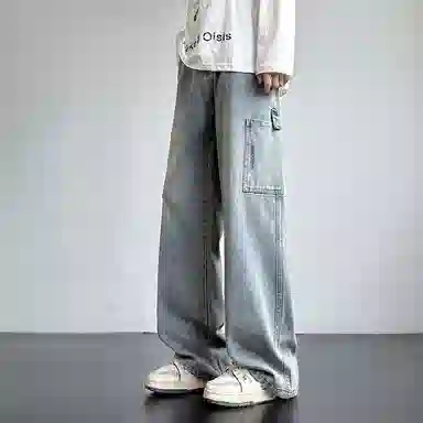 洋气先生 美式极简纯色基础款水洗做旧休闲舒适百搭潮牌复古简约高街大口袋时尚潮流个性创意舒爽阔腿日常通勤中腰宽松直筒牛仔裤 男女同款