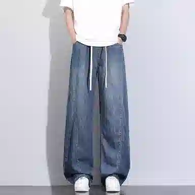 洋气先生 美式休闲潮流裁接线贯穿设计感显高显瘦显腿长系带抽绳宽松弹力柔软亲肤百搭废土风高级感日常出行垂感牛仔裤 男女同款