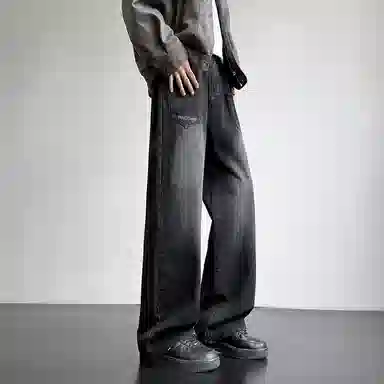 洋气先生 小众创意反方向的口袋设计感渐变水洗做旧美式复古嘻哈街头潮流宽松休闲直筒中腰拉链经典纯色基础款弹力舒适百搭牛仔裤 男女同款