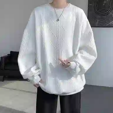 洋气先生 个性简约正肩设计感小众高级感穿搭重磅时尚潮流宽松百搭学生通勤春秋季港风提花长袖圆领套头上衣美式复古打底卫衣 男女同款