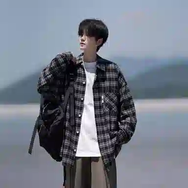洋气先生 美式复古简约高级感时尚潮流气质百搭经典格纹文艺风日常休闲宽松舒适慵懒氛围感开衫单排扣翻领长袖外套衬衫 男女同款