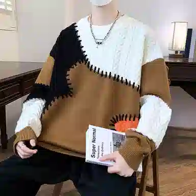 洋气先生 美式高街潮牌无性别主义不规则撞色拼接高级感设计潮流慵懒感卫衣日常通勤微阔圆领套头长袖简约休闲时尚百搭针织衫 男女同款