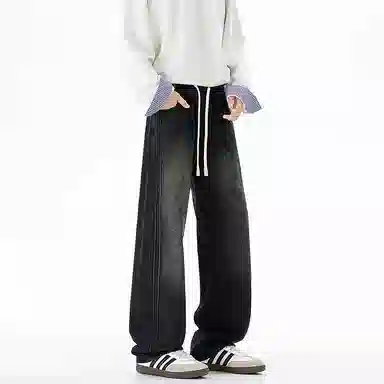 洋气先生 美式复古高街潮牌简约水洗做旧宽松磨白中腰系带直筒垂感百搭基础款显高显瘦吸柔软亲肤抗褶皱休闲拖地牛仔裤 男女同款