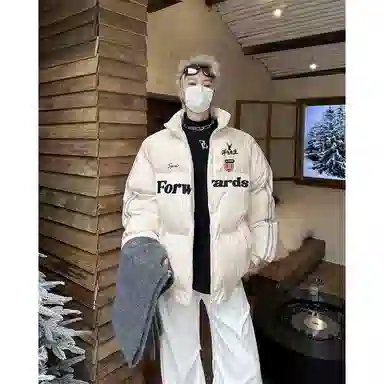 洋气先生 美式复古潮牌高街字母印花设计无性别主义宽松舒适保暖立领开衫拉链日常通勤户外防风简约时尚潮流休闲百搭上衣外套棉服 男女同款