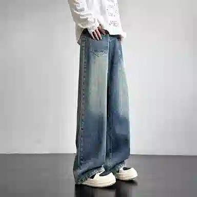 洋气先生 小众创意反方向的口袋设计感渐变水洗做旧美式复古嘻哈街头潮流宽松休闲直筒中腰拉链经典纯色基础款弹力舒适百搭牛仔裤 男女同款