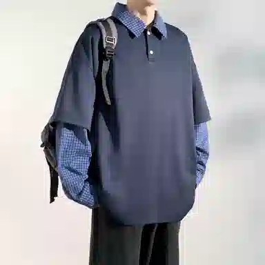 洋气先生 美式复古简约假两件拼接格纹设计感翻领宽松休闲日常百搭学院风长袖韩版高街潮牌时尚亨利领纯色文艺风户外卫衣 男女同款