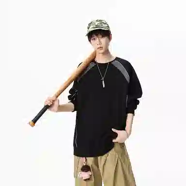 洋气先生 洋气美式复古基础款高级感拼接撞色圆领套头落肩设计打底衫上衣无性别主义学院风潮流宽松保暖日常通勤百搭长袖卫衣 男女同款