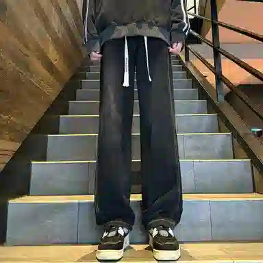 洋气先生 美式复古高街重工水洗做旧废土风阔腿直筒宽松垂感拖地抽绳系带松紧腰休闲百搭长款极简风基础款通勤牛仔裤 男女同款