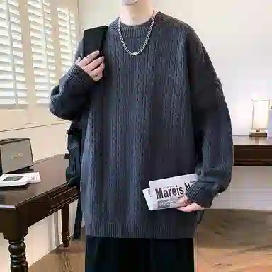 洋气先生 美式高街潮牌无性别主义纯色潮流慵懒感卫衣麻花纹理感日常外穿通勤户外微阔圆领套头长袖简约休闲时尚百搭针织衫 男女同款