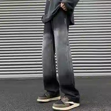 洋气先生 美式简约复古潮流百搭做旧重水洗渐变设计感高街直筒中腰宽松显高显瘦显腿长基础垂感日常居家出行休闲牛仔裤 男女同款