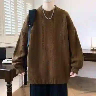 洋气先生 美式高街潮牌无性别主义纯色潮流慵懒感卫衣麻花纹理感日常外穿通勤户外微阔圆领套头长袖简约休闲时尚百搭针织衫 男女同款