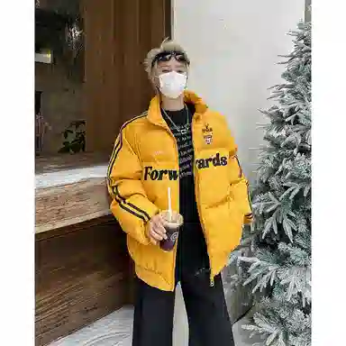 洋气先生 美式复古潮牌高街字母印花设计无性别主义宽松舒适保暖立领开衫拉链日常通勤户外防风简约时尚潮流休闲百搭上衣外套棉服 男女同款