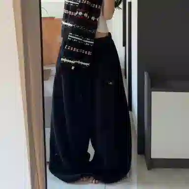 洋气先生 美式高街复古简约纯色小众设计感时尚潮流帅气百搭宽松阔腿垂感松紧中腰系带直筒显高显瘦学院风慵懒氛围感休闲裤 男女同款