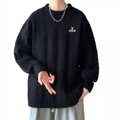 洋气先生 美式高街潮牌洋气纯色软糯宽松舒适保暖麻花纹理设计圆领上衣无性别主义简约大方日常通勤潮流甜美休闲时尚百搭针织衫 男女同款