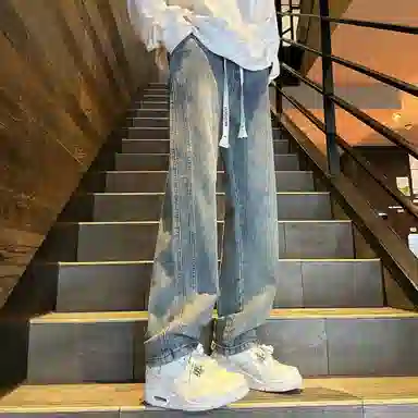 洋气先生 美式复古高街重工水洗做旧废土风阔腿直筒宽松垂感拖地抽绳系带松紧腰休闲百搭长款极简风基础款通勤牛仔裤 男女同款
