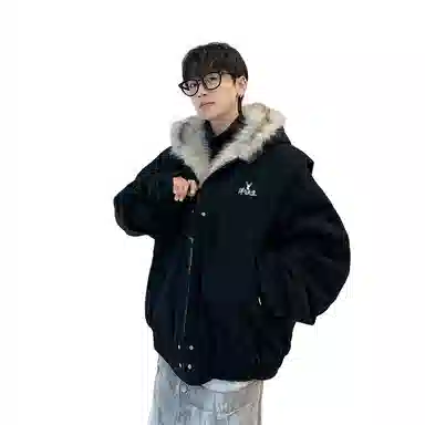 洋气先生 美式复古高街潮牌时尚潮流简约无性别主义日常通勤户外宽松舒适保暖连帽座山雕酷帅开衫休闲百搭上衣外套棉服 男女同款