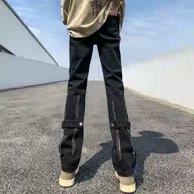 洋气先生 美式复古高街潮牌重水洗纯色拼接拉链装饰小众设计高级感中腰微喇弯刀百搭宽松痞帅潮酷嘻哈街头牛仔裤 男女同款