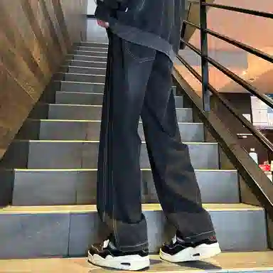 洋气先生 美式复古高街重工水洗做旧废土风阔腿直筒宽松垂感拖地抽绳系带松紧腰休闲百搭长款极简风基础款通勤牛仔裤 男女同款