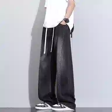 洋气先生 美式休闲潮流裁接线贯穿设计感显高显瘦显腿长系带抽绳宽松弹力柔软亲肤百搭废土风高级感日常出行垂感牛仔裤 男女同款