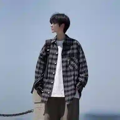 洋气先生 美式复古简约高级感时尚潮流气质百搭经典格纹文艺风日常休闲宽松舒适慵懒氛围感开衫单排扣翻领长袖外套衬衫 男女同款