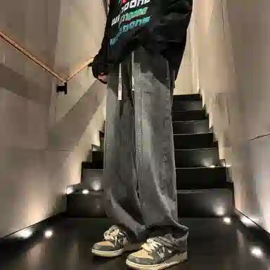 洋气先生 美式复古高街纯色水洗做旧磨白废土风宽松中腰松紧抽绳系带弹力直筒百搭阔腿无性别主义日常通勤运动休闲牛仔裤 男女同款