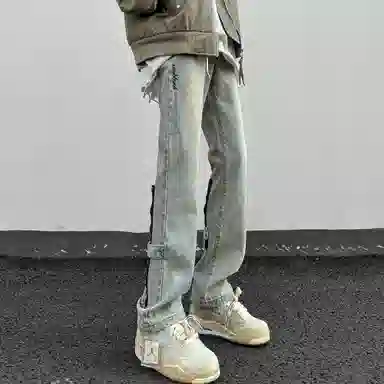 洋气先生 美式复古高街潮牌重水洗纯色拼接拉链装饰小众设计高级感中腰微喇弯刀百搭宽松痞帅潮酷嘻哈街头牛仔裤 男女同款