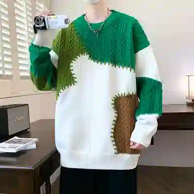 洋气先生 美式高街潮牌无性别主义不规则撞色拼接高级感设计潮流慵懒感卫衣日常通勤微阔圆领套头长袖简约休闲时尚百搭针织衫 男女同款