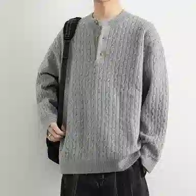 洋气先生 美式复古高街宽松纹理麻花纹圆领潮流百搭加厚御寒保暖重磅老钱套头风高级感简约慵懒风上身温和舒适衬衫针织衫 男女同款