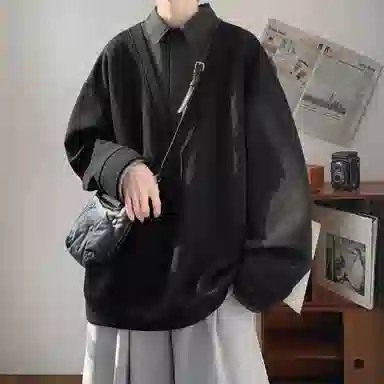 洋气先生 美式复古高街简约纯色潮流针织翻领拼接撞色单排扣落肩袖日常休闲舒适学院风假两件宽松百搭时尚无性别主义个性通勤卫衣 男女同款