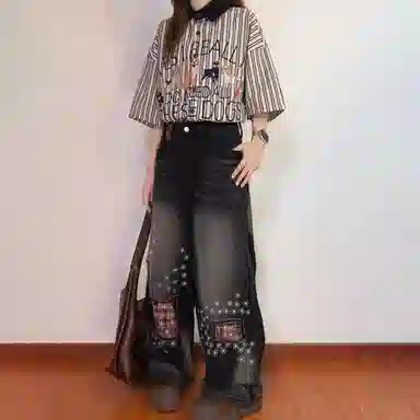 洋气先生 美式高街复古水洗做旧磨白磨破格子贴布小众设计感时尚潮流帅气百搭休闲阔腿垂感中腰直筒显高显瘦氛围感牛仔裤 男女同款