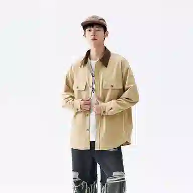 洋气先生 美式复古潮牌衣领撞色中性风设计无性别主义防泼水轻防污易去污日常通勤徒步休闲宽松百搭单排扣翻领长袖开衫上衣衬衫 男女同款