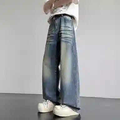洋气先生 美式复古高街直筒宽松阔腿百搭潮牌舒适水洗个性时尚休闲做旧基础款渐变磨白亲肤透气通勤微喇叭拖地显高显瘦牛仔裤 男女同款