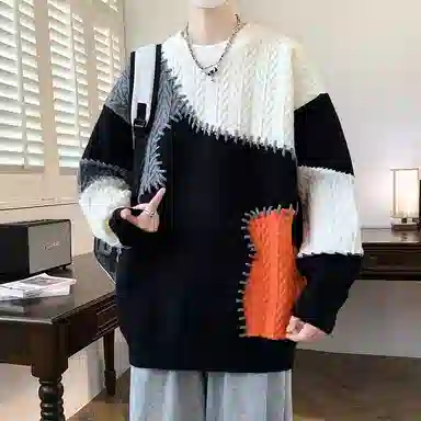 洋气先生 美式高街潮牌无性别主义不规则撞色拼接高级感设计潮流慵懒感卫衣日常通勤微阔圆领套头长袖简约休闲时尚百搭针织衫 男女同款