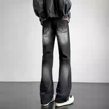 洋气先生 美式高街复古做旧水洗渐变磨白微喇百搭时尚纯色直筒闪电纹设计宽松舒适休闲中腰显高显瘦垂感拖地日常高级感穿搭牛仔裤 男女同款