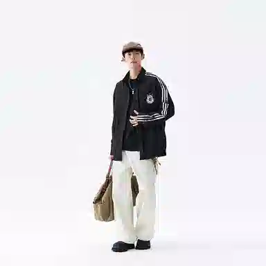 洋气先生 美式潮牌学院风胸图案刺绣三条杠条纹设计单排扣翻领长袖休闲宽松舒适耐磨有弹力日常通勤徒步简约百搭开衫上衣衬衫 男女同款