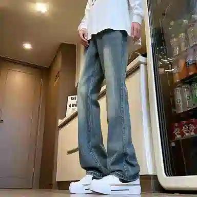 洋气先生 美式高街复古磨白水洗做旧时尚直筒中腰垂感宽松简约休闲百搭柔软亲肤平整抗皱微喇显高显瘦氛围感基础款牛仔裤 男女同款