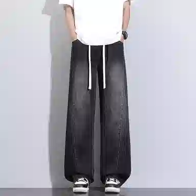 洋气先生 美式休闲潮流裁接线贯穿设计感显高显瘦显腿长系带抽绳宽松弹力柔软亲肤百搭废土风高级感日常出行垂感牛仔裤 男女同款