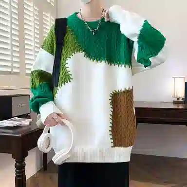 洋气先生 美式高街潮牌无性别主义不规则撞色拼接高级感设计潮流慵懒感卫衣日常通勤微阔圆领套头长袖简约休闲时尚百搭针织衫 男女同款