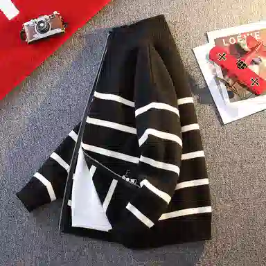 洋气先生 美式高街潮牌软糯舒适潮流慵懒感个性上衣卫衣无性别主义日常通勤开衫条纹撞色拼接外套立领长袖简约休闲时尚百搭针织衫 男女同款