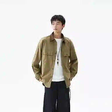 洋气先生 美式复古潮牌衣领撞色中性风设计无性别主义防泼水轻防污易去污日常通勤徒步休闲宽松百搭单排扣翻领长袖开衫上衣衬衫 男女同款