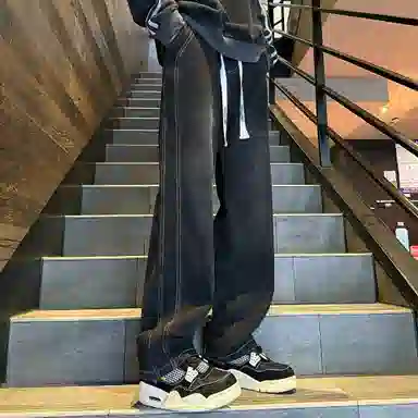 洋气先生 美式复古高街重工水洗做旧废土风阔腿直筒宽松垂感拖地抽绳系带松紧腰休闲百搭长款极简风基础款通勤牛仔裤 男女同款