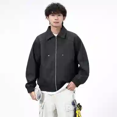 洋气先生 美式复古高街潮流痞帅高级纯色翻领长袖拉链休闲舒适防风日常户外通勤徒步骑行无性别主义简约时尚百搭外套夹克 男女同款