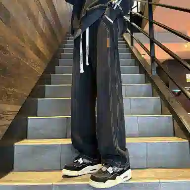 洋气先生 美式复古高街重工水洗做旧废土风阔腿直筒宽松垂感拖地抽绳系带松紧腰休闲百搭长款极简风基础款通勤牛仔裤 男女同款