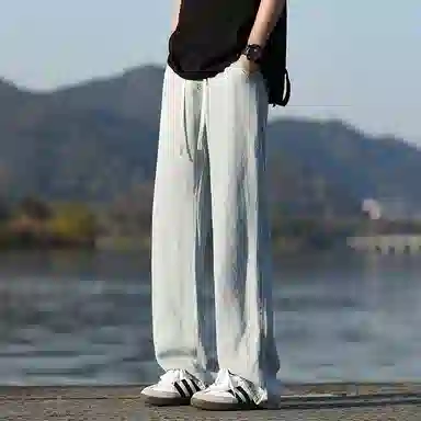 洋气先生 美式高街复古纯色水洗做旧宽松休闲直筒松紧腰抽绳系带透气中腰基础款显瘦垂感简约百搭舒适潮流显高阔腿牛仔裤 男女同款