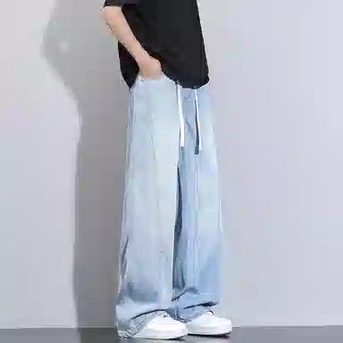 洋气先生 美式休闲潮流裁接线贯穿设计感显高显瘦显腿长系带抽绳宽松弹力柔软亲肤百搭废土风高级感日常出行垂感牛仔裤 男女同款