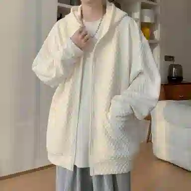 洋气先生 开衫纯色设计感麻花纹休闲宽松潮牌美式高街基础款重磅连帽外套运动日常通勤上衣百搭舒适学院风简约经典单排扣卫衣 男女同款