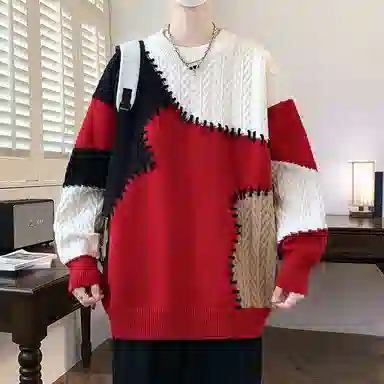 洋气先生 美式高街潮牌无性别主义不规则撞色拼接高级感设计潮流慵懒感卫衣日常通勤微阔圆领套头长袖简约休闲时尚百搭针织衫 男女同款